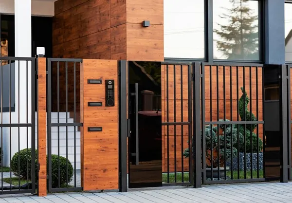 A gate and fence in black metal profile in front of a house