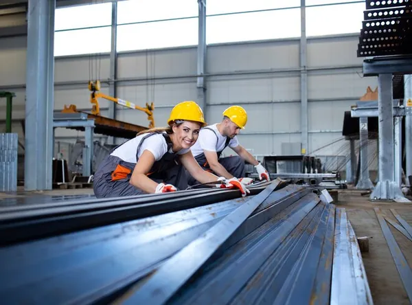 Two workers in hard hats aligning steel profiles in a production workshop